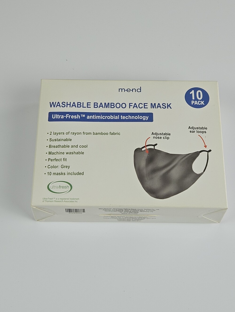 Mend Washable Bamboo Face Mask 10 Pack Unisex Sustainable Breathable Cool Gray